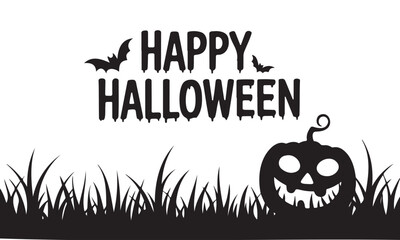 Fototapeta premium Black and white Halloween greeting with bats, grass, and a carved pumpkin silhouette.