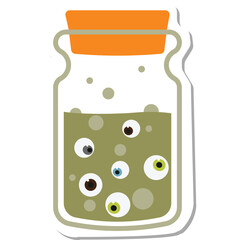 Glass Jar Filled With Green Liquid and Floating Eyeballs With Various Colors Set Against A Transparent Background Isolated.