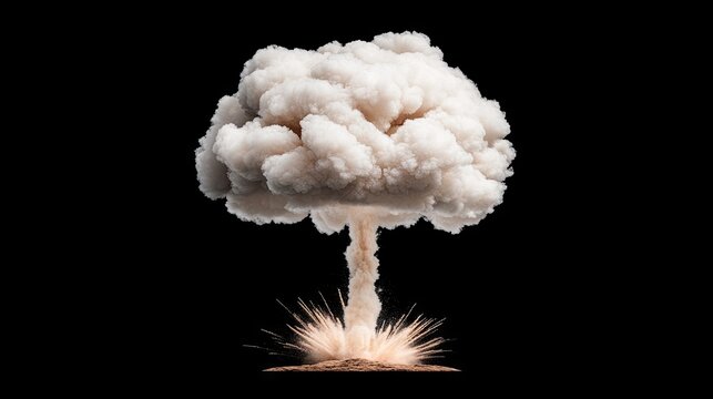 A stunning depiction of a nuclear explosion mushroom cloud rising over a desolate desert landscape, captured in a dramatic wide-angle view