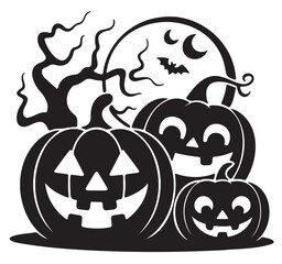 Halloween scene with pumpkins, moon, bat, and spooky tree silhouette.