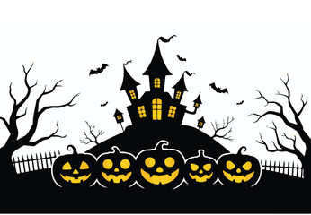 Spooky Halloween vector illustration with haunted house pumpkins and bats perfect for holiday designs and p