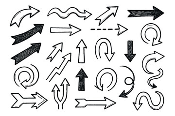 Black And White Seamless Sketchy arrow Elements, Line art, Pattern Sketch Style Isolated. Set Hand Drawn Doodle icon arrows And cursor Illustration In Engraving Style, scribble, strokes