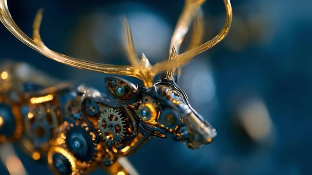 A steampunk mechanical deer sculpture built from gears and metal, featuring visible clockwork and gold accents.