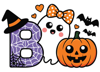 Cute Halloween vector illustration with ghost pumpkin and bats spooky holiday design for cards and decorati