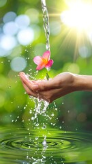 Hand cupped, catching falling water, flower held aloft, sunlit greenery