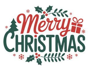 Festive 'Merry Christmas' typographic design with holly, a gift, and a tree.