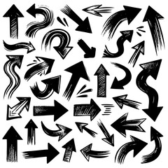 Black And White Seamless Sketchy arrow Elements, Line art, Pattern Sketch Style Isolated. Set Hand Drawn Doodle icon arrows And cursor Illustration In Engraving Style, scribble, strokes