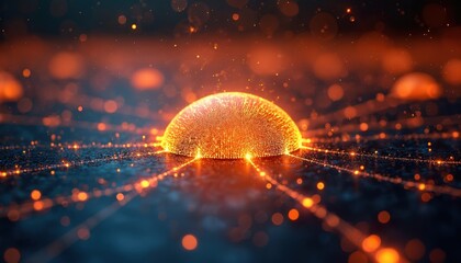 Abstract tech visualizes data. Digital sphere with glowing dots and lines suggests networks connection or data processing. Tech art photo represents innovations and futuristic tech solutions.