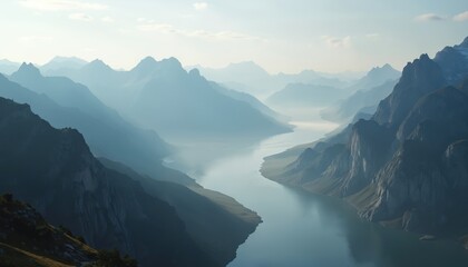 Misty mountain range landscape at morning. Mountain peaks covered with fog. Nature background with blue majestic hills and river. Scenic wild mountain panorama with lake view.