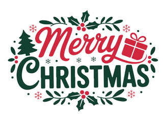 Merry Christmas text with festive decorations including a Christmas tree and gift box.