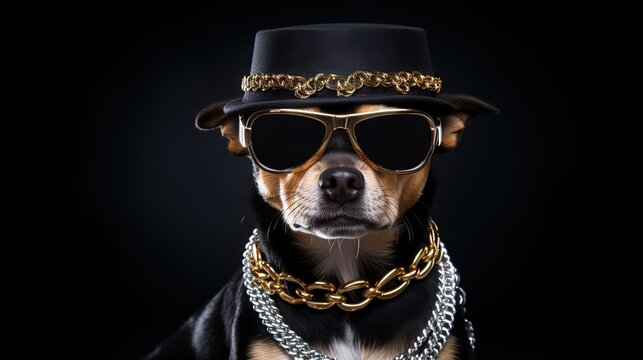 A Stylish Dog Wearing a Fedora Hat, Sunglasses, and a Gold Chain