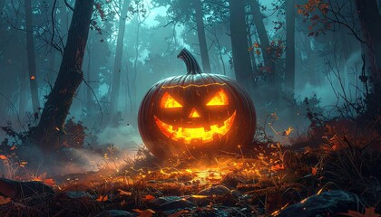Glowing Jack O'Lantern in Misty Forest