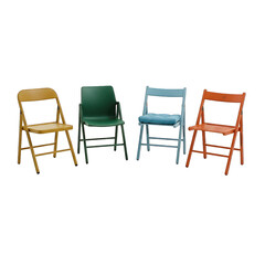 Fototapeta premium Four distinct colorful folding chairs, yellow, green, blue, orange, on black