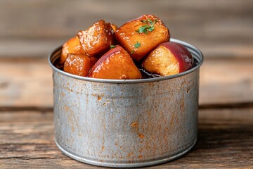 Preserved peaches with syrup in can