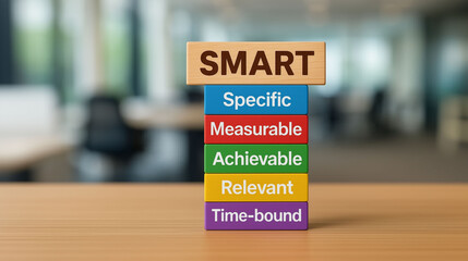 SMART goals blocks  specific measurable achievable relevant and time bound steps for business target setting leadership performance management motivation and productivity improvement concept