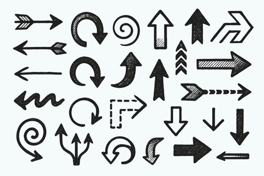 Black And White Seamless Sketchy arrow Elements, Line art, Pattern Sketch Style Isolated. Set Hand Drawn Doodle icon arrows And cursor Illustration In Engraving Style, scribble, strokes