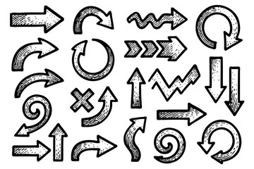 Black And White Seamless Sketchy arrow Elements, Line art, Pattern Sketch Style Isolated. Set Hand Drawn Doodle icon arrows And cursor Illustration In Engraving Style, scribble, strokes