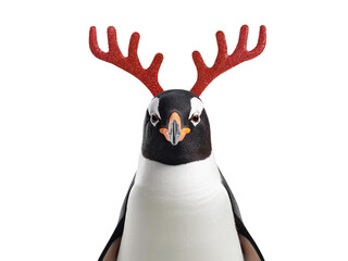 Penguin with red deer antlers isolated on transparent or white background, png