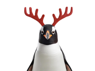 Penguin with red deer antlers isolated on transparent or white background, png