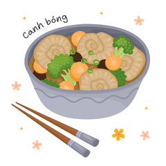 Traditional Vietnamese soup with pork rind, meatballs, mushrooms and vegetables (canh bong), dish for Lunar New Year. Bowl of Asian soup and chopsticks, illustration on white background.