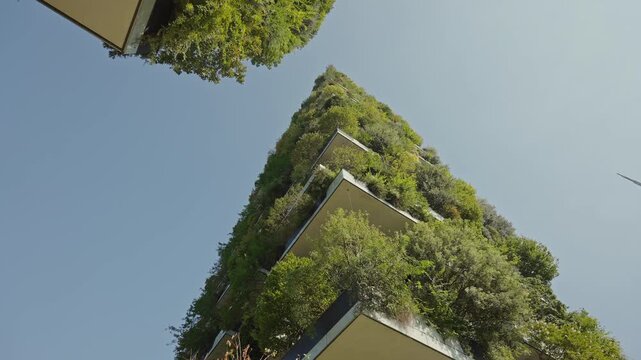 Upward View of Bosco Verticale Tower in Milan &ndash; Green Urban Architecture, filmed on September 15, 2025.