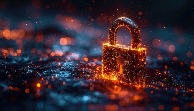 Glowing Padlock on Dark Glittering Surface