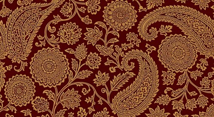 Golden paisley floral pattern on deep red background exudes timeless elegance