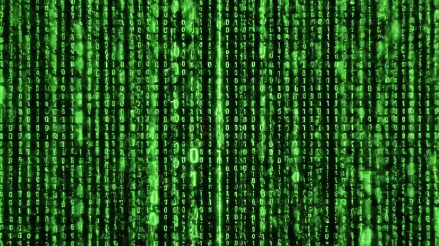 Glitch warning message footage with green binary code digital rain background. Technology, data, and error concept.