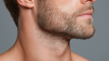 Obraz premium Close up male jawline with stubble smooth skin light brown facial hair healthy complexion masculine profile freshly shaved neck natural texture confident expression studio lighting