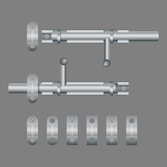 Sliding bolt latch mechanism set. Vector illustration of door and gate lock hardware components. EPS10