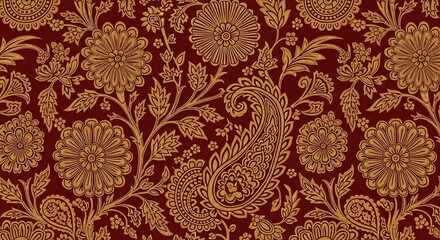 Golden Paisley Floral Pattern on Deep Red Evokes Luxury and Tradition