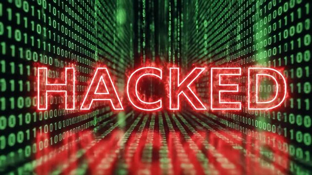 Digital hack on green binary code. Cyber security breach and data encryption concept. Computer virus spread simulation footage.