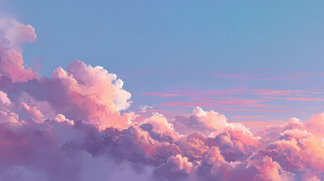 Soft clouds float peacefully in the pastel sky, creating a dreamy and serene atmosphere. The clouds are painted in delicate shades of pink and orange.