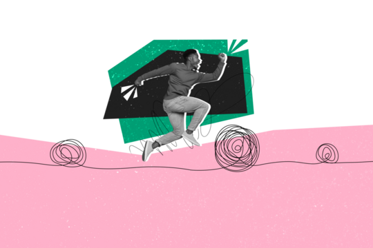 Photo cartoon comics sketch collage of happy american man run doodle path scribble work development career promotion success