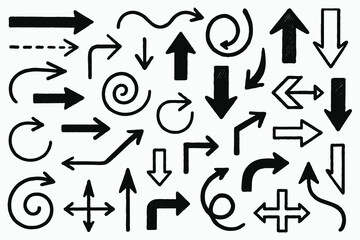 Black And White Seamless Sketchy arrow Elements, Line art, Pattern Sketch Style Isolated. Set Hand Drawn Doodle icon arrows And cursor Illustration In Engraving Style, scribble, strokes