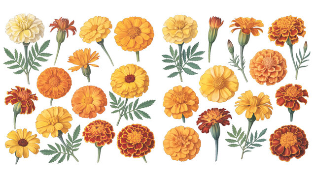 A beautiful collection of watercolor marigold flowers, featuring vibrant yellow and orange blossoms with green stems and leaves, isolated on a transparent background.