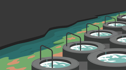 Illustration showing multiple round tanks filled with water next to a green and orange landscape
