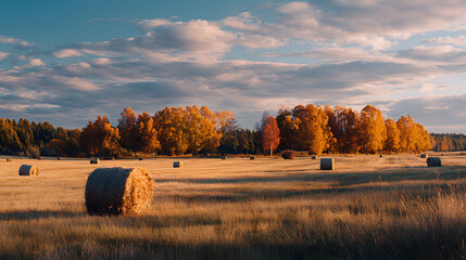 Autumn landscape with hay bales and colorful trees under blue sky  