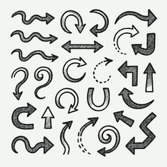 Black And White Seamless Sketchy arrow Elements, Line art, Pattern Sketch Style Isolated. Set Hand Drawn Doodle icon arrows And cursor Illustration In Engraving Style, scribble, strokes