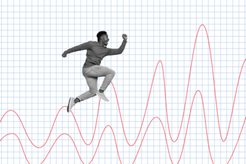 Composite collage image of funny young man running sounds wave stream spectrum fantasy billboard comics zine minimal