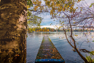 Steg am Wasser im Herbst.