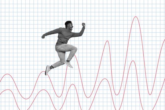 Composite collage image of funny young man running sounds wave stream spectrum fantasy billboard comics zine minimal