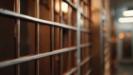 Close-up of a prison cell door with a metal knob and bars, a dim corridor blurred in the background. - Powered by Adobe