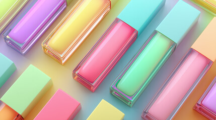 Pastel neon lip gloss tubes arranged in flatlay pattern, featuring vibrant colors and modern, playful aesthetic, perfect for beauty, fashion, and cosmetic themes