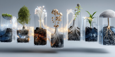 Series of transparent containers display various plants with intricate root systems, illuminated by glowing fiber optic cables. scene blends nature with technology, creating futuristic and organic