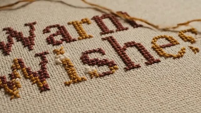 Embroidery process on fabric showcasing the stitching of "Warm Wishes". It embodies the art of needlework, handmade craft, and the creation of thoughtful sentiment.