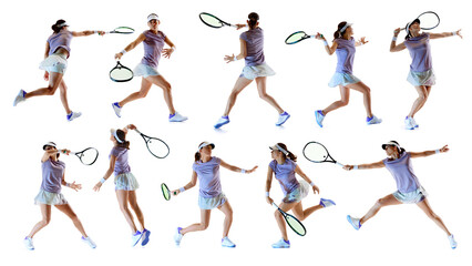 Collage of female tennis player performing dynamic strokes in motion sequence isolated on white background. Concept of professional sport, speed, agility, training, and determination.