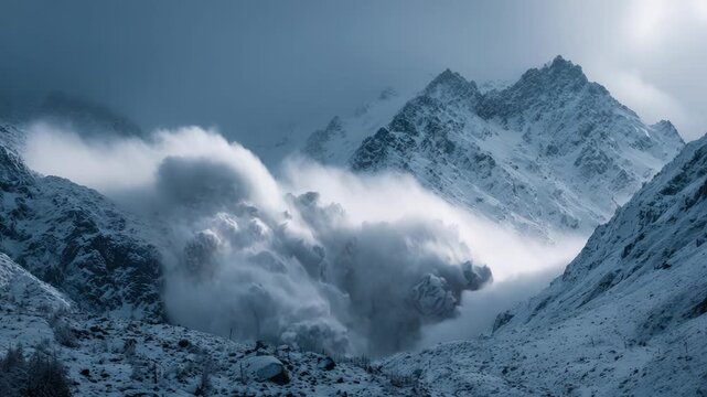Avalanche rushing toward front camera sweeping away everything in path powerful winter disaster dynamic snow movement extreme nature frozen scene dramatic impact