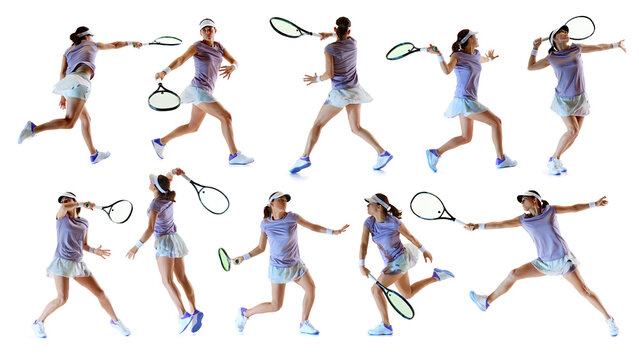 Collage of female tennis player performing dynamic strokes in motion sequence isolated on white background. Concept of professional sport, speed, agility, training, and determination.