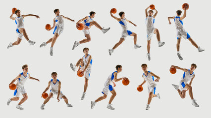 Male basketball player performing powerful jumps and dribbles in athletic motion sequence collage. Concept of energy, teamwork, competitive spirit, sports training, and determination with strength.
